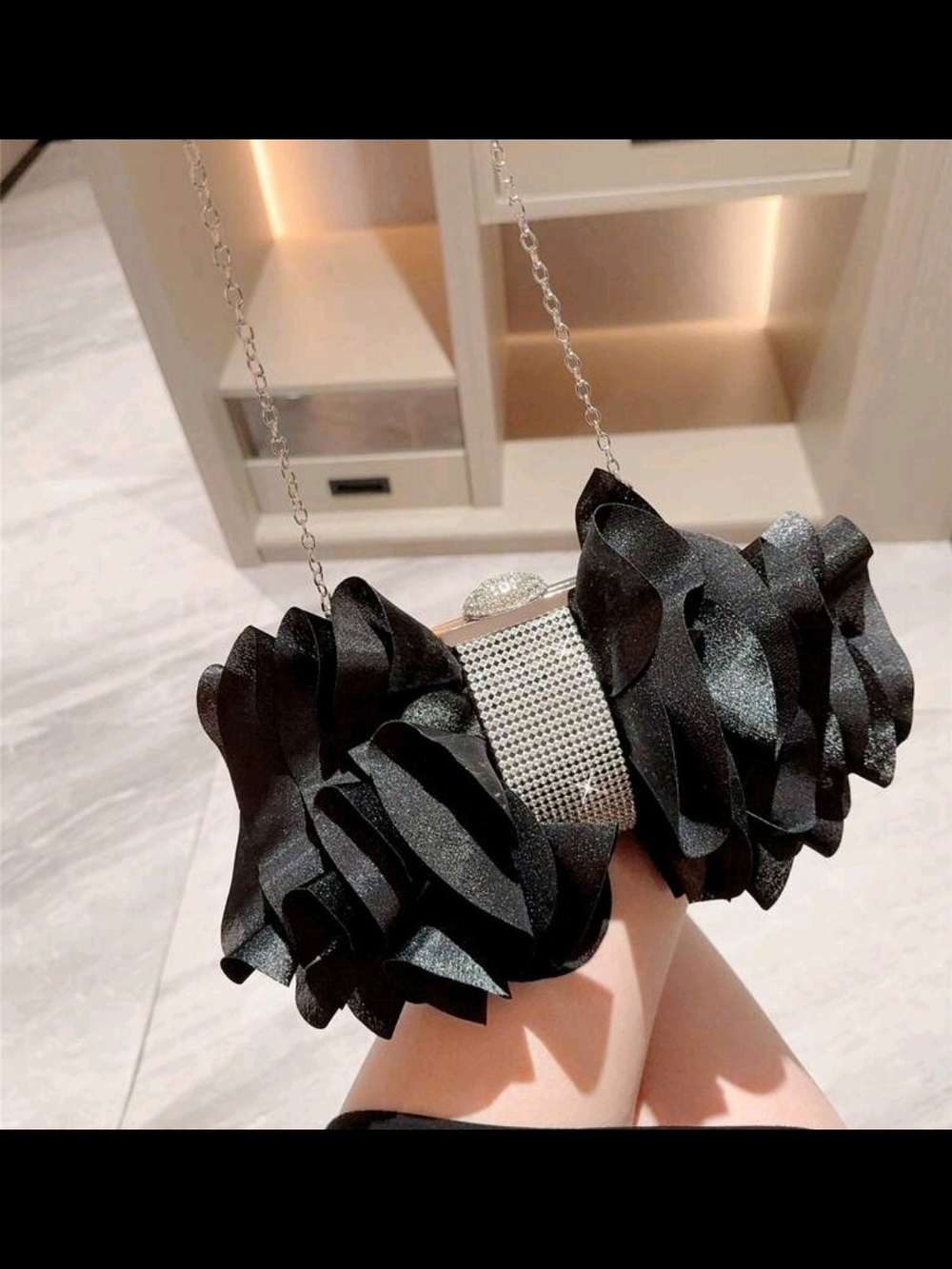 Black Ruffle Satin Evening Clutch with Rhinestone Detail